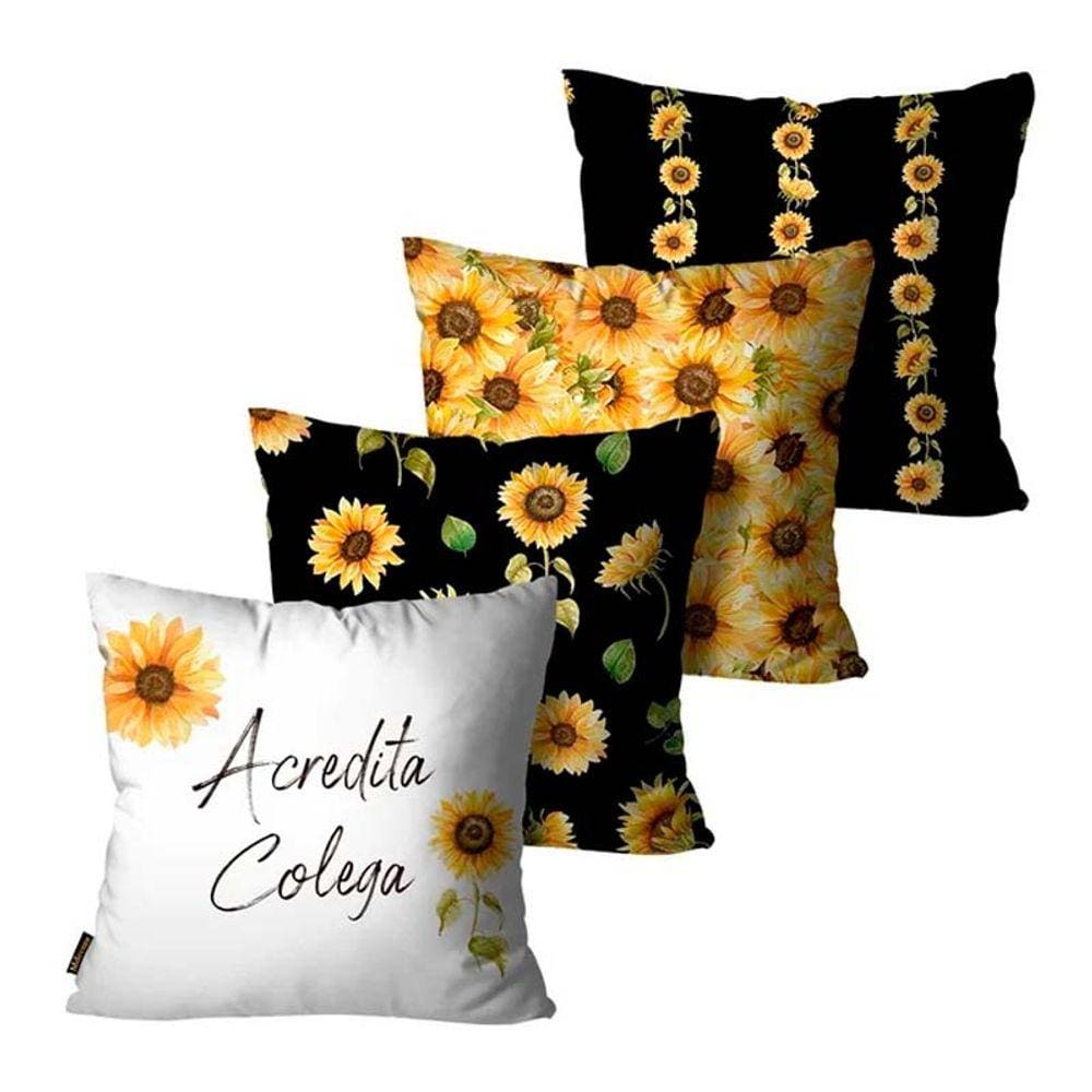 Kit 4 Capas de Almofadas Girassol Preto e Amarelo - 45x45cm