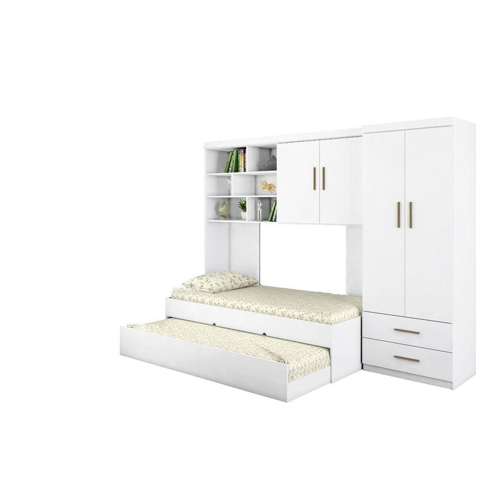 Kit Quarto Modulado Infantil 4 Peças Cama Solteiro e Auxiliar Guarda Roupa 2 Portas Armario Aéreo Com Nichos Chiara Bco - Phoenix Baby