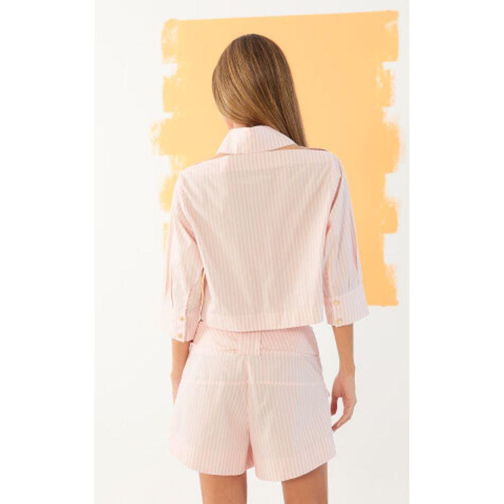 Short Listrado Com Bordado Manual  Listrado Open Feminino