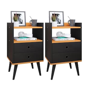 Kit 2 Mesas de Cabeceira Mesinhas Decorativas Quarto Com Nicho e 2 Gavetas Retrô Dream Plus - Preto/Cinamomo- Lojas RPM