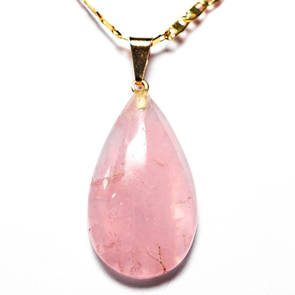 Colar Gota Quartzo Rosa Pedra Natural Montagem Pino Dourada