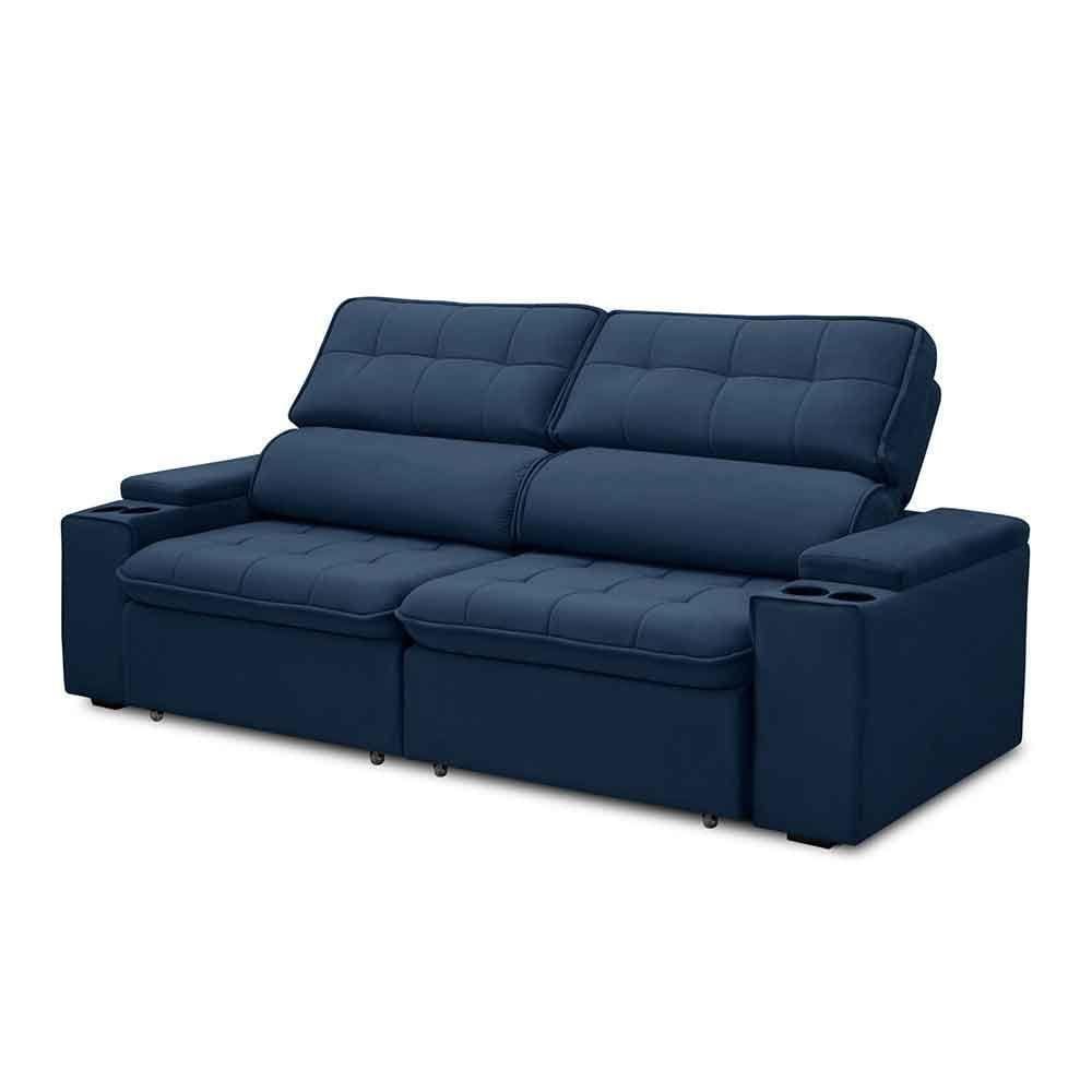 Sofá Retrátil Reclinável 3 Lugares 250Cm Ginevra F05 Veludo Azul