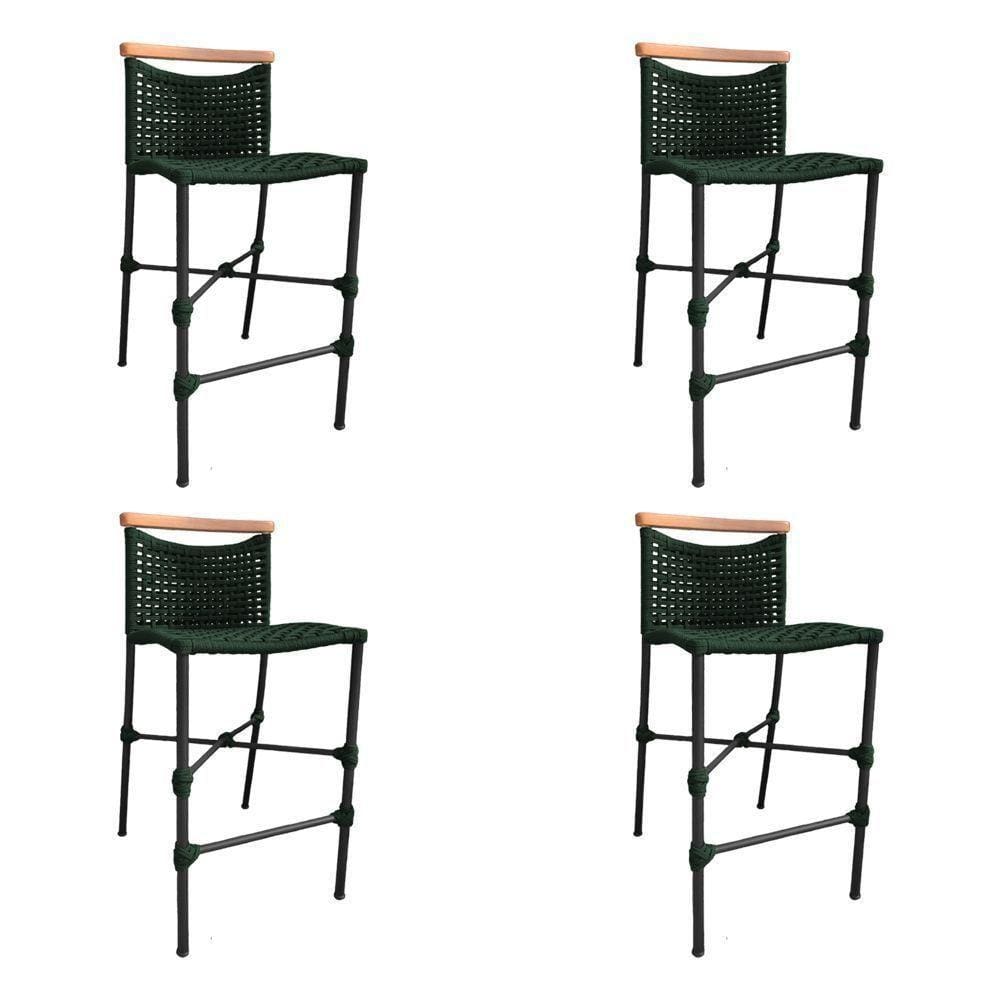 Kit 4 Banquetas Em Corda Náutica Base Em Alumínio Preta Com Detalhe Em Madeira Verde Musgo Verde