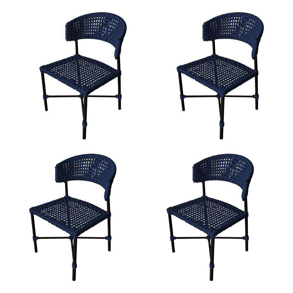 Kit 4 Cadeiras Hortz Corda Náutica Base Em Alumínio Preto-azul Marinho - Cor: Azul