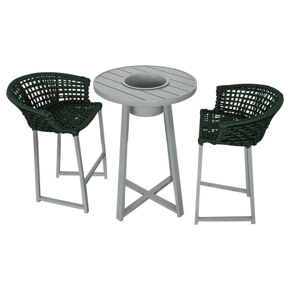 Conjunto Bistrô Champanheira Cinza Tampo Ripado E 2 Banquetas Reis Corda Náutica Verde Musgo Verde