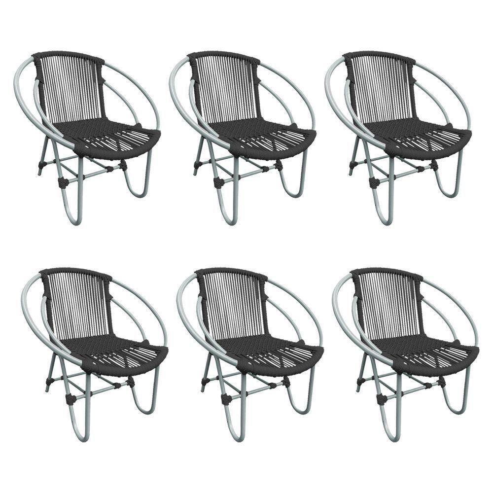 Kit 6 Cadeiras Decorativa Julia Em Corda Náutica E Base Em Alumínio Cinza-preto - Cor: Cinza