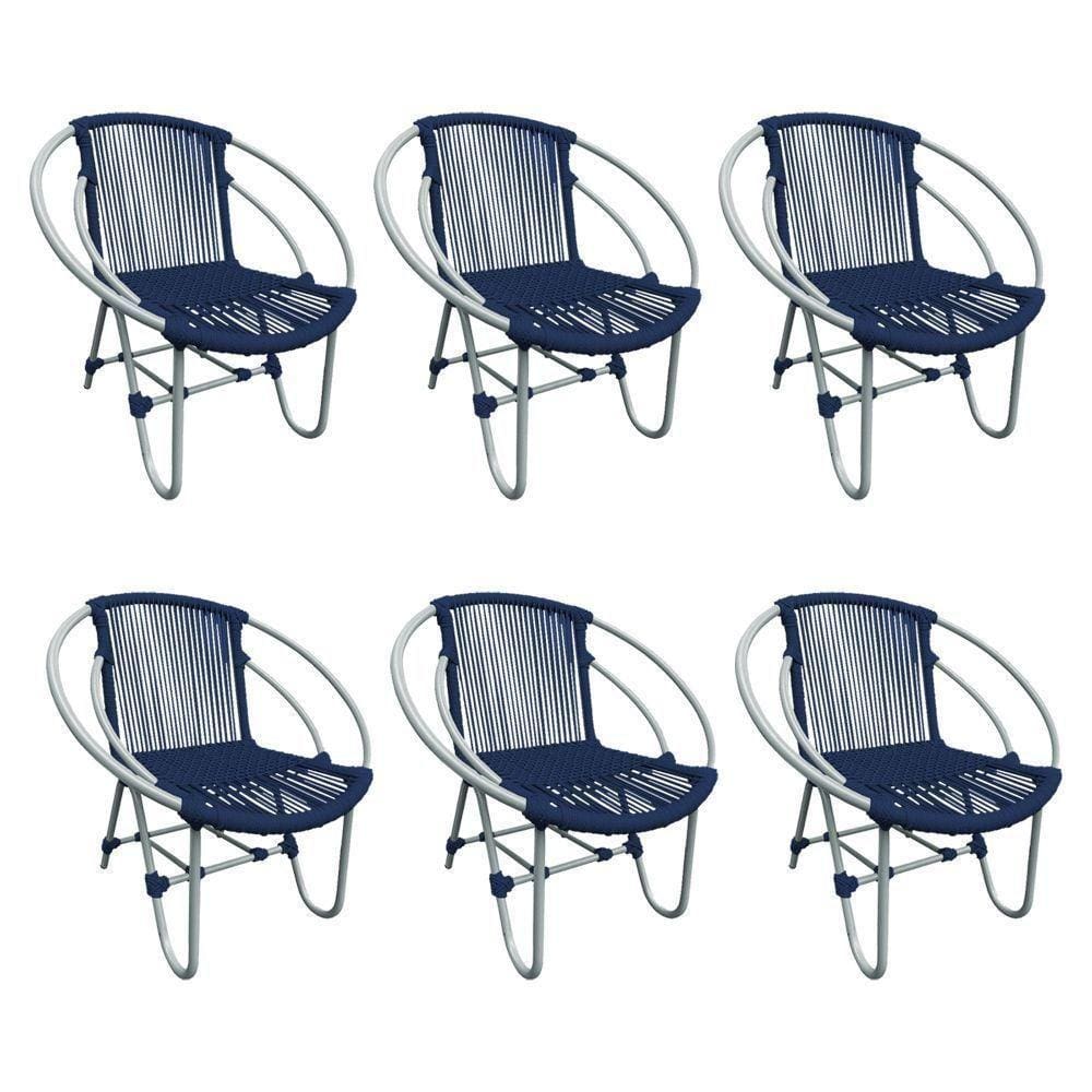 Kit 6 Cadeiras Decorativa Julia Em Corda Náutica E Base Em Alumínio Cinza- Azul Marinho - Cor: Azul