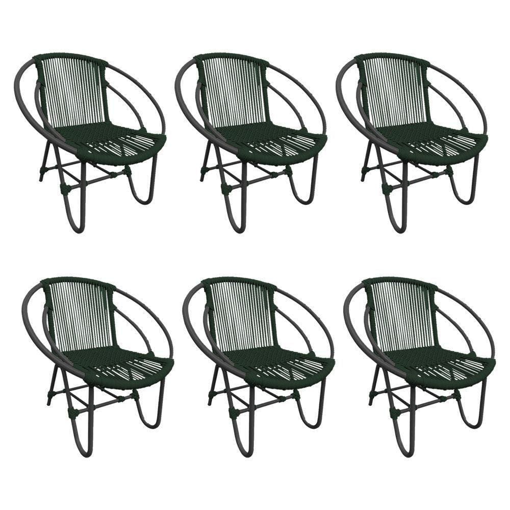 Kit 6 Cadeiras Decorativa Julia Em Corda Náutica E Base Em Alumínio Preta- Verde Musgo - Cor: Verde