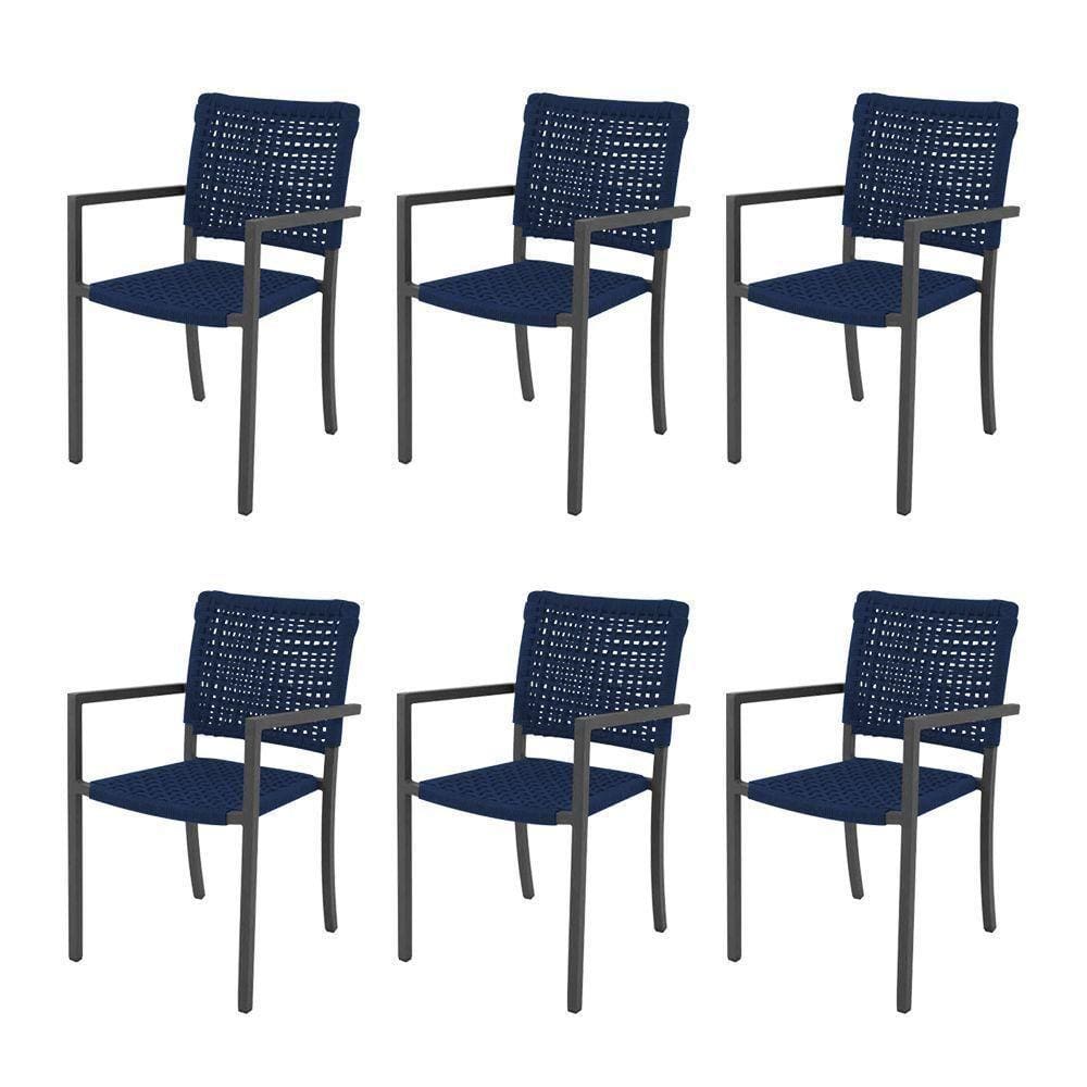 Kit 6 Cadeiras Marília Corda Náutica Base Em Alumínio Preto-azul Marinho - Cor: Azul