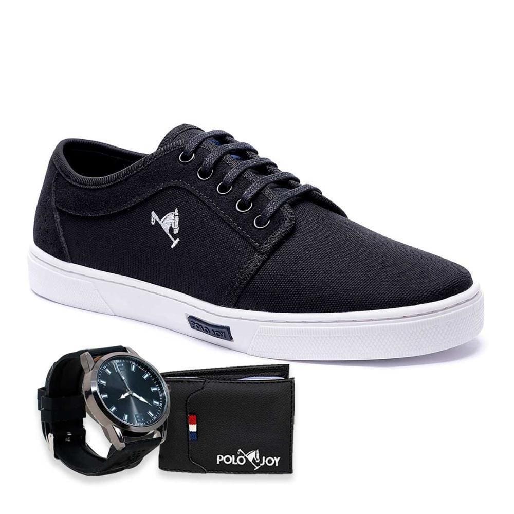 Tênis Masculino PoloJoy Casual Em Lona Amarração + Relógio