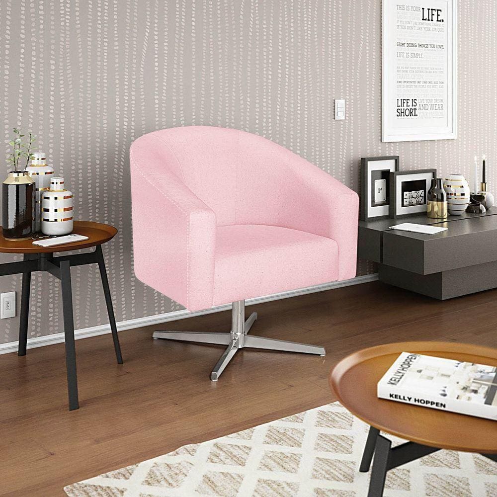 Poltrona Decorativa Luiza Base Giratória De Metal Suede Rosa Bebê