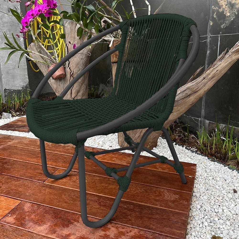Cadeira Decorativa Julia Em Corda Náutica E Base Em Alumínio Preta-verde Musgo - Cor: Verde