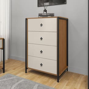 Cômoda para Quarto com 4 Gavetas Sevilha  Preto/Canela Rustico/Off White