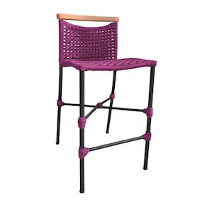 Banqueta Anne Em Corda Náutica Base Em Alumínio Preta Com Detalhe Em Madeira Rosa - Cor: Rosa