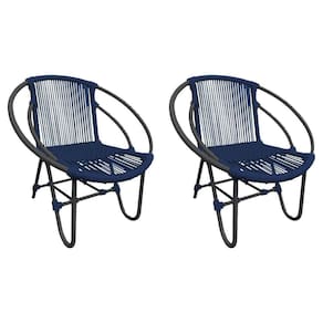 Kit 2 Cadeiras Decorativa Julia Em Corda Náutica E Base Em Alumínio Preta- Azul Marinho - Cor: Azul