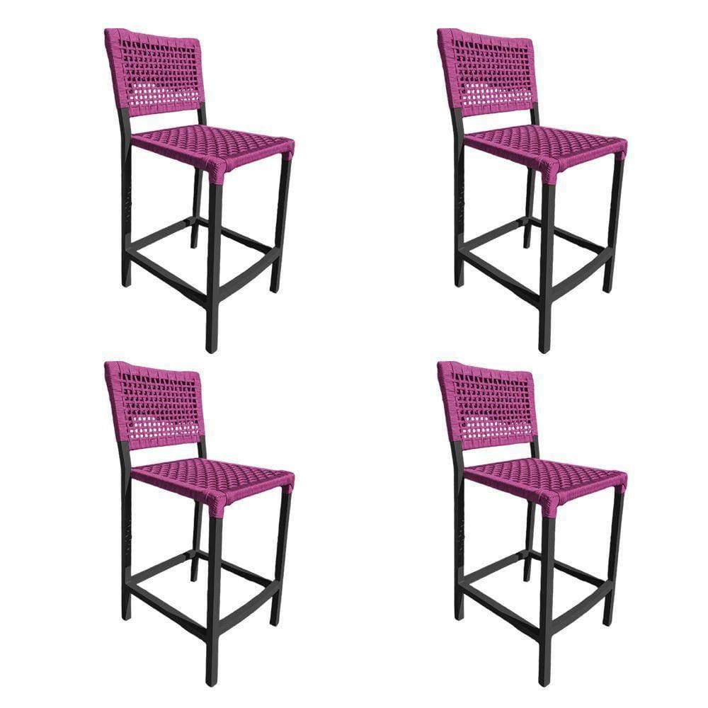 Kit 4 Banquetas França Em Corda Náutica E Base Em Alumínio Preta Para área Gourmet Rosa - Cor: Rosa