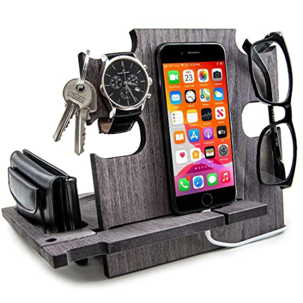 Organizador de mesa, docking station — suporte de mesa de cabeceira para homens, suporte para smartphone (cinza)
