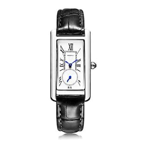 Relógio de quartzo, elegante relógio social retangular feminino, pulseira de couro, coroa de safira, preto prateado