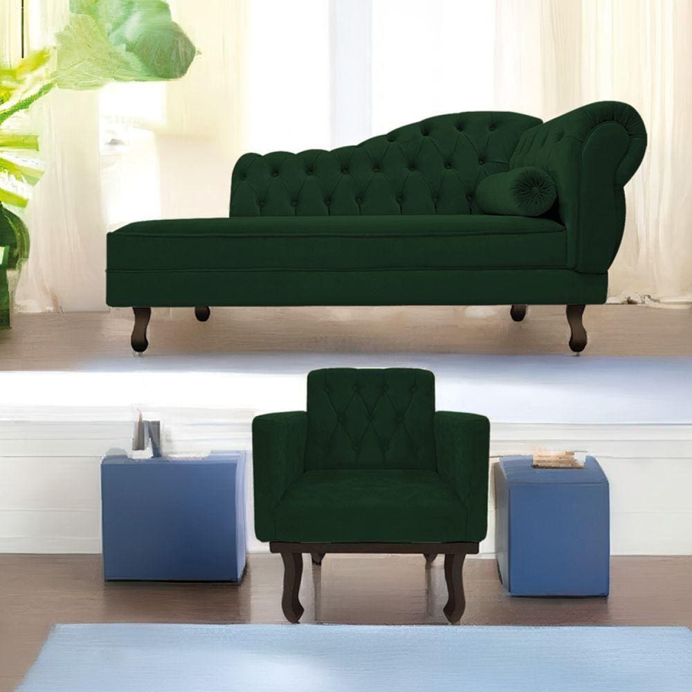 Kit Diva Recamier Diana 140cm Lado Esquerdo e 01 Poltrona Classic Suede Verde