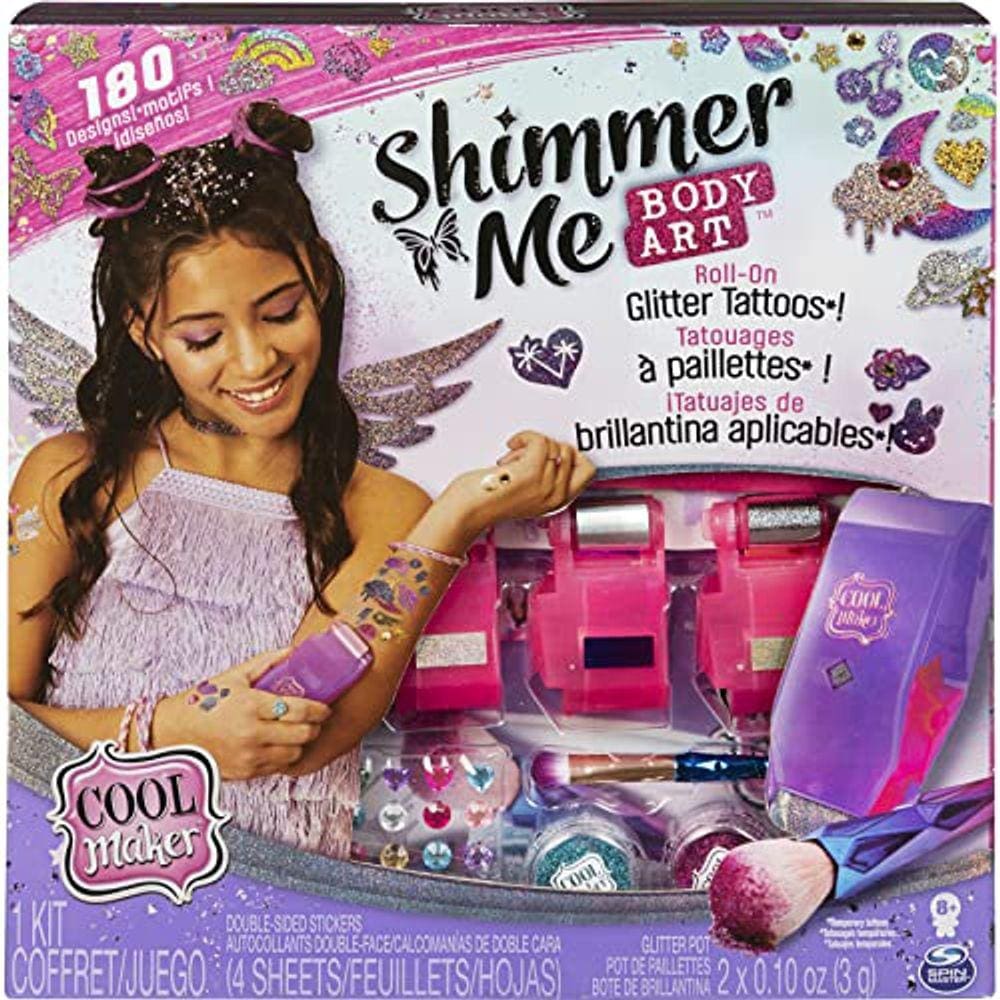 Rolo de arte corporal Shimmer Me, 4 folhas metálicas e 180 desenhos, tatuagem temporária - maiores de 8 anos