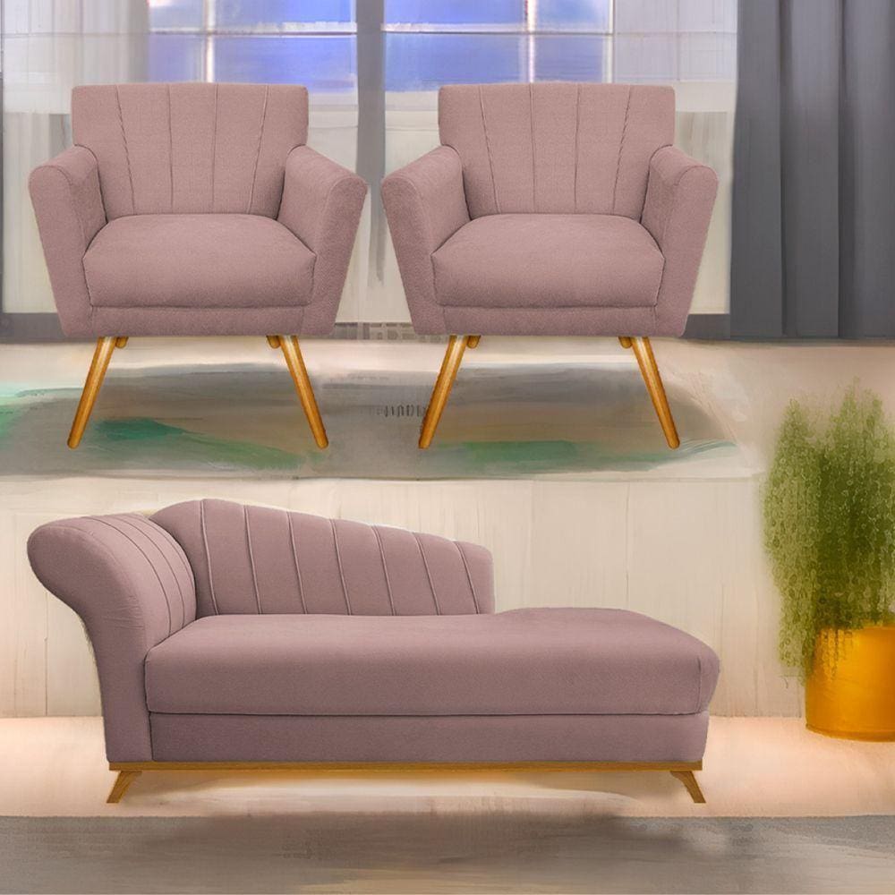 Kit Diva Recamier Vanessa 160Cm Lado Direito E 02 Poltronas Laura Linho Cor Rosê