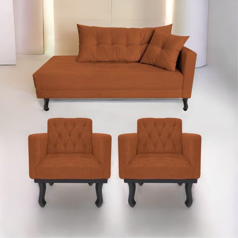 Kit Diva Recamier Azura 160Cm Lado Esquerdo E 02 Poltronas Suede - Doce Sonho Móveis Terracota
