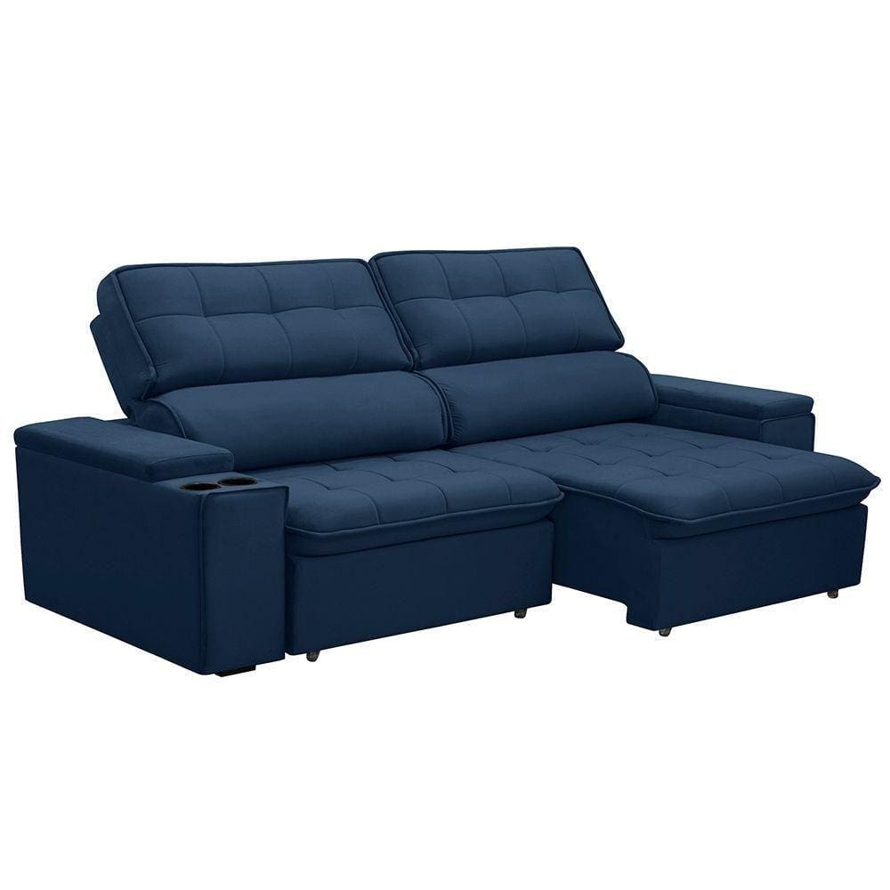 Sofá Retrátil E Reclinável 3 Lugares 210cm Zoho Porta Copos No Braço Veludo Azul G22 - Gran Belo