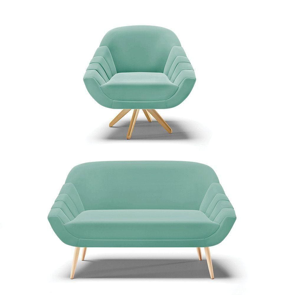 Kit Namoradeira E 1 Poltrona Giratória Suede Azul Turquesa