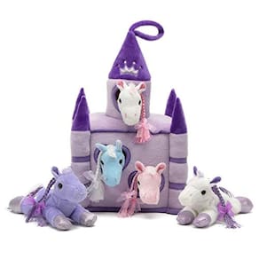 Castelo de pelúcia - 30 cm, 5 bichos de pelúcia, estojo de transporte para castelo