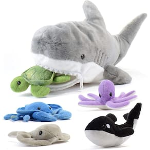 Tubarão de pelúcia de 15 polegadas com 5 peças de animais marinhos de pelúcia macia