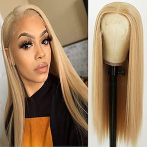 Peruca feminina moderna, loira, longa e reta, com renda frontal, 24"