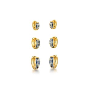 Kit Brincos Argolas Cravejadas Com Zirconias Banhadas A Ouro 18k - Azul