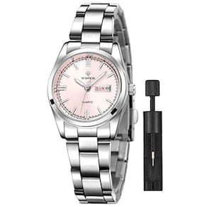 Relógio feminino de quartzo impermeável em aço inoxidável para senhora (rosa)