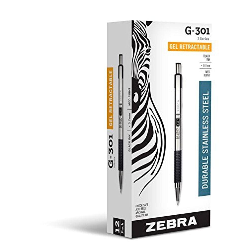 Caneta de gel Zebra, retrátil, aço inoxidável, média, tinta preta, pacote com 12