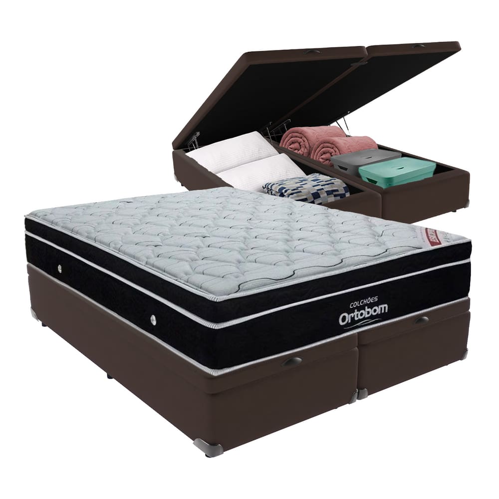 Cama + Box com Bau Ortobom Colchão King com Molas Ensacadas