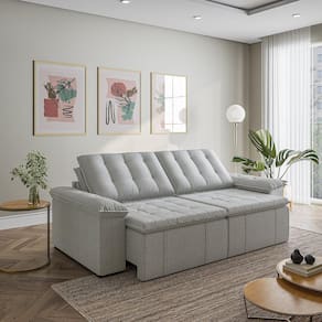 Sofá Cama Retrátil e Reclinável 4 Lugares 240cm Linho com Molas Palmeira CabeCasa MadeiraMadeira Prata