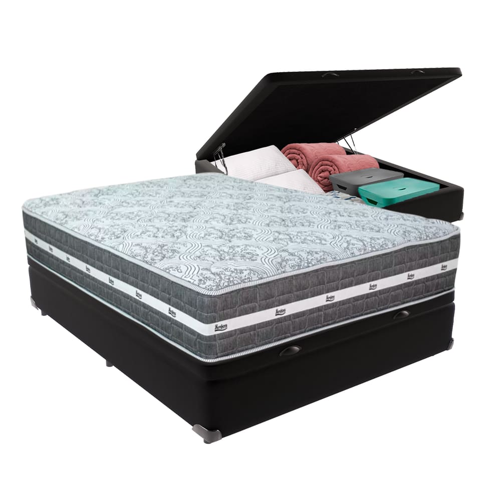 Cama Box com Baú Bege e Colchão Casal Black Grafit Anjos