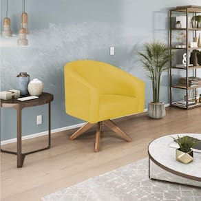 Poltrona Decorativa Luiza Base Giratória De Madeira Suede Amarelo