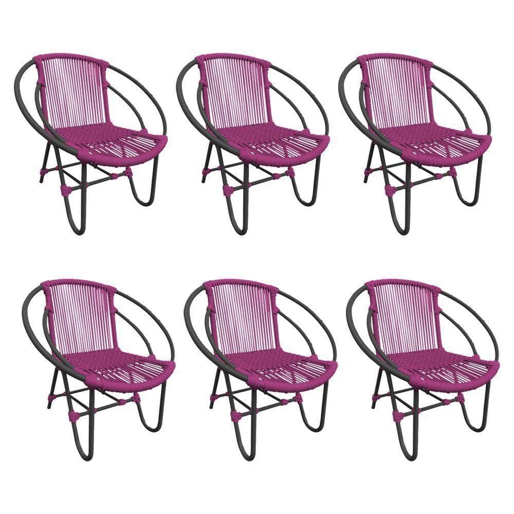 Kit 6 Cadeiras Decorativa Julia Em Corda Náutica E Base Em Alumínio Preta- Rosa - Cor: Rosa