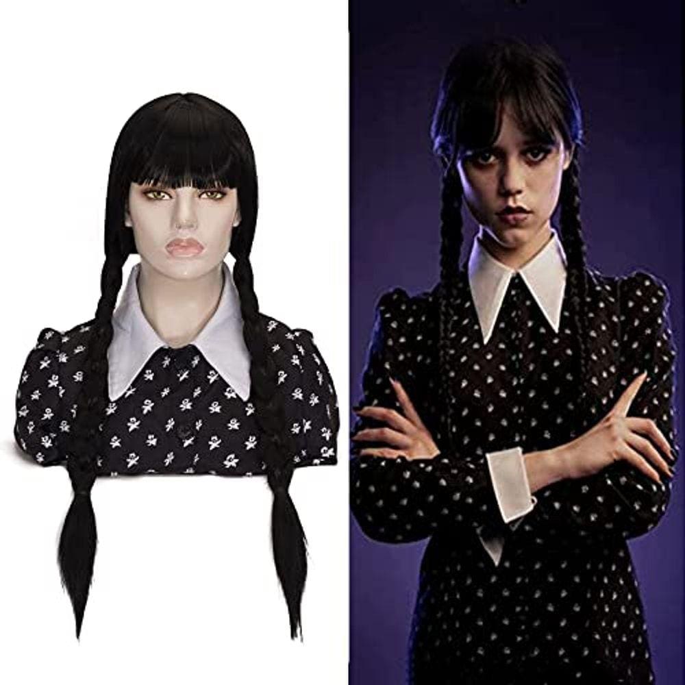Peruca Addams | Peruca de Halloween Coraline pré-trançada com franja preta resistente ao calor