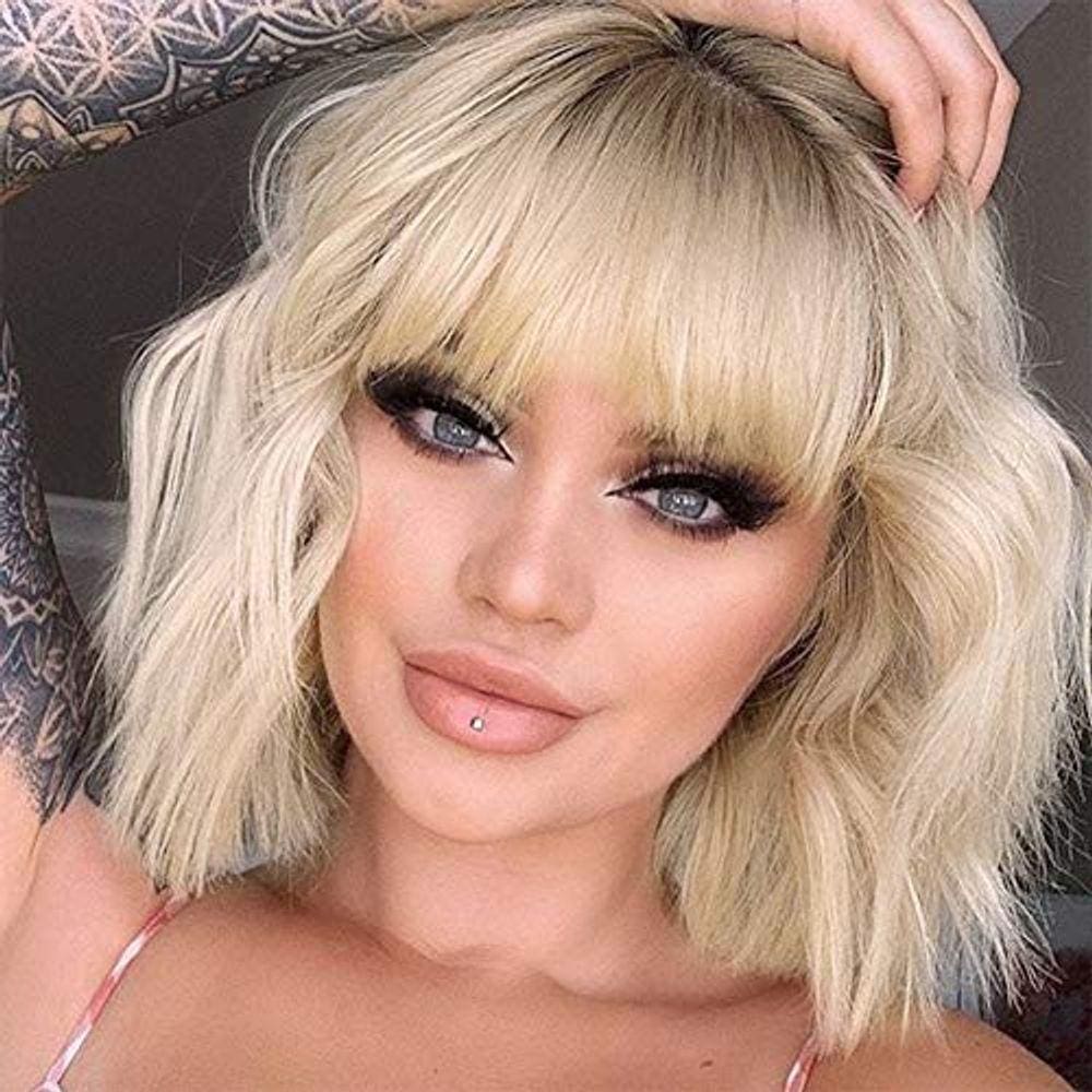 Peruca sintética Ombre Blonde Wavy Bob com franja para mulheres - peruca colorida de cosplay