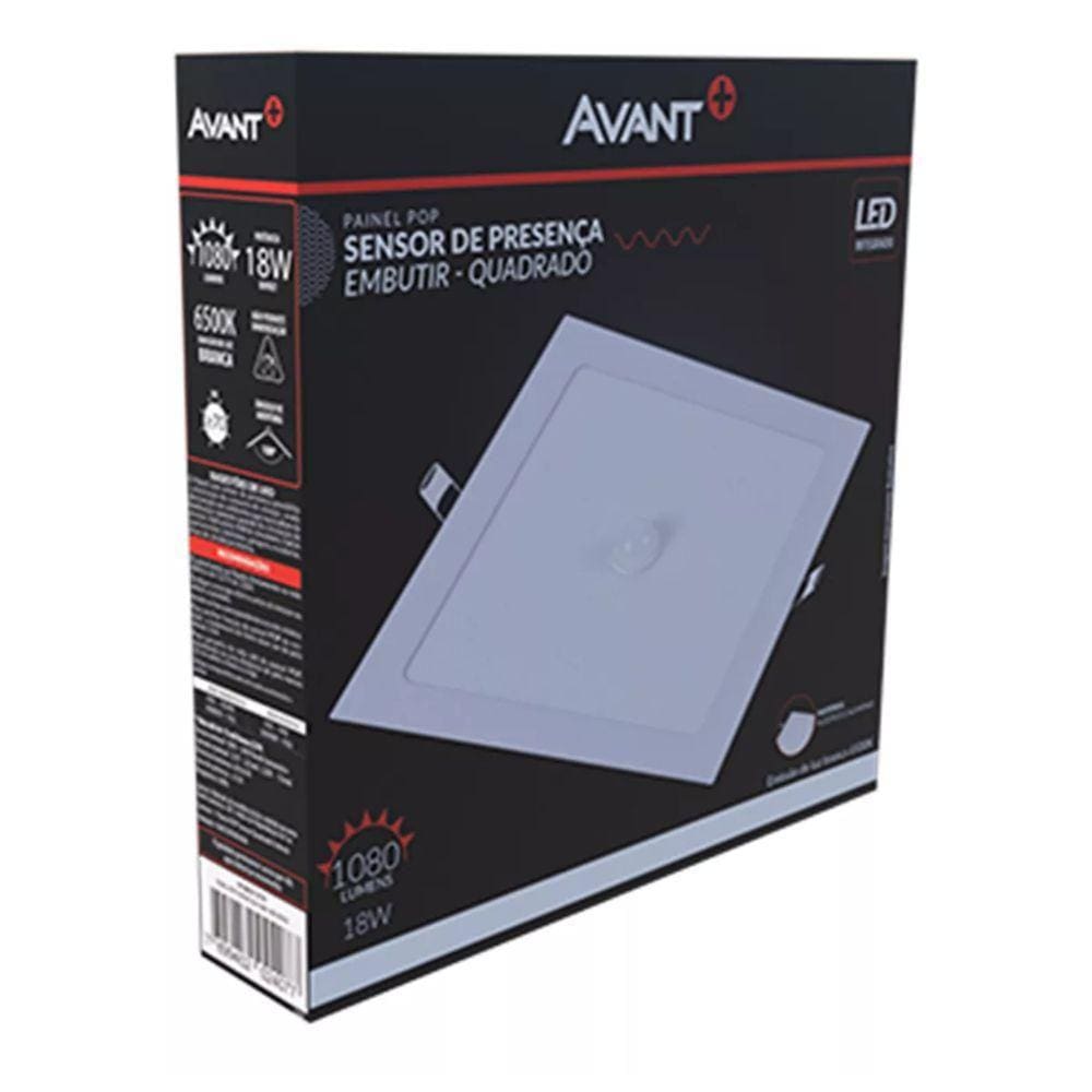 Painel Led Avant Quadrado Embutir 18W 6500K Com Sensor 5 Un