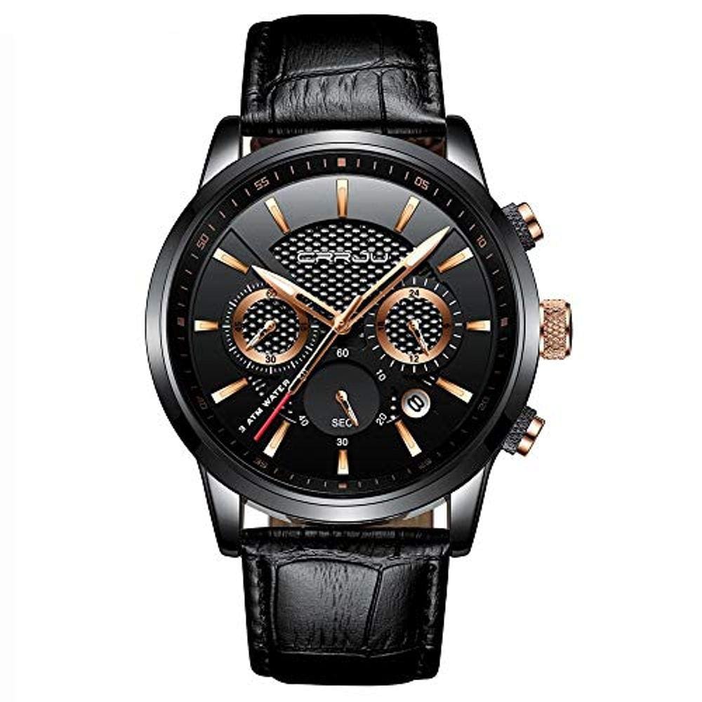 Relógio de pulso de quartzo analógico impermeável CRRJU Leather Chronograph