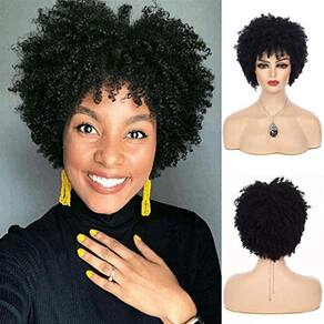 Peruca afro curta encaracolada para mulheres negras com touca
