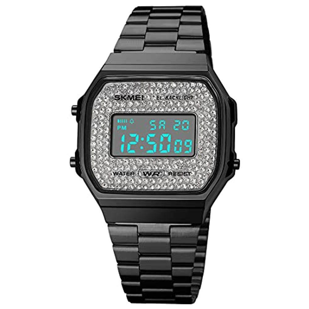 Relógio digital Relógio eletrônico LED com pulseira de aço inoxidável (preto diamante)