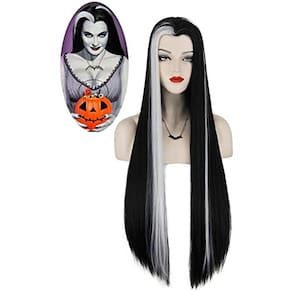 Peruca Lily Munster, perucas longas, cabelo preto e branco, festa de Halloween M086BW
