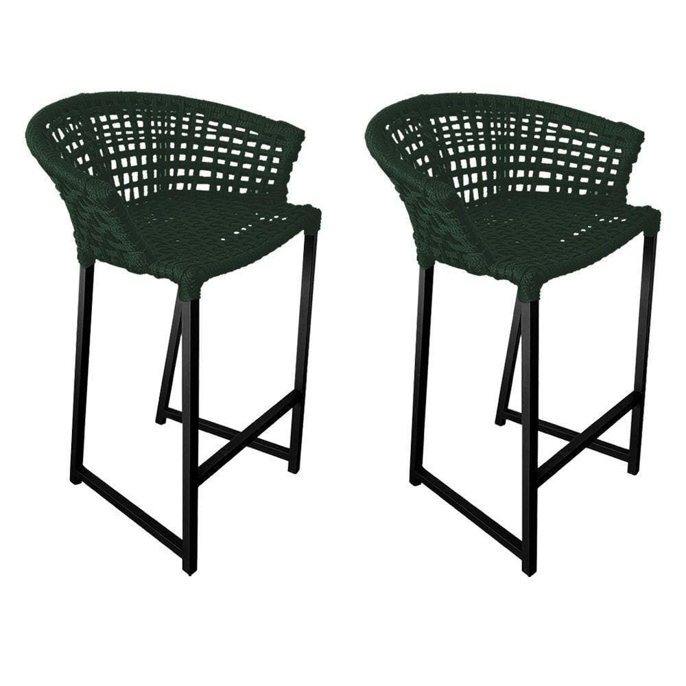 Kit 2 Banquetas Reis Em Corda Náutica E Base Em Alumínio Preta Para área Gourmet Verde Musgo Verde