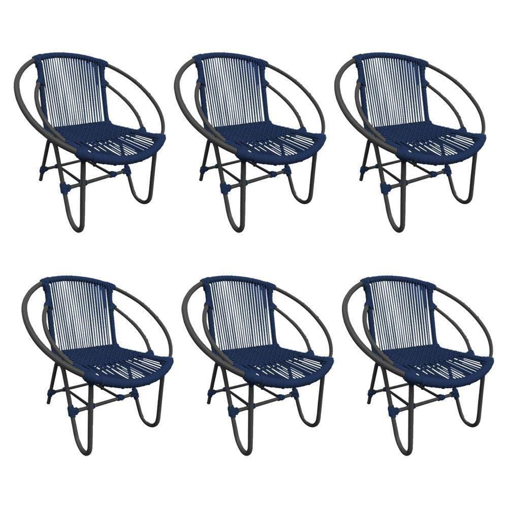 Kit 6 Cadeiras Decorativa Julia Em Corda Náutica E Base Em Alumínio Preta- Azul Marinho - Cor: Azul