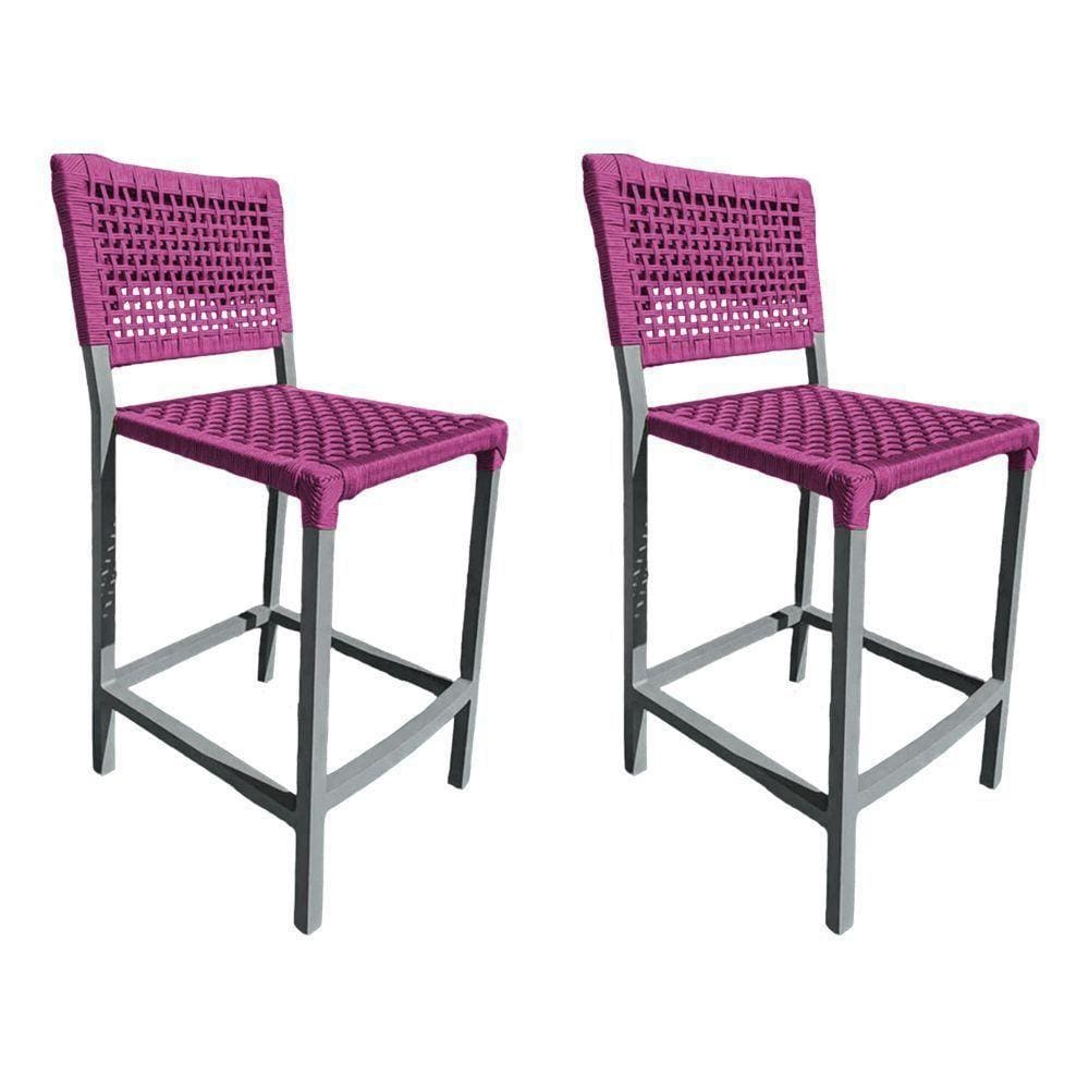 Kit 2 Banquetas França Em Corda Náutica E Base Em Alumínio Cinza Para área Gourmet Rosa - Cor: Rosa