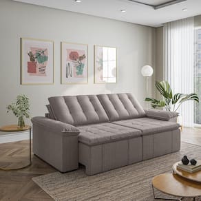 Sofá Cama Retrátil e Reclinável 4 Lugares 240cm Linho com Molas Palmeira CabeCasa MadeiraMadeira Marrom